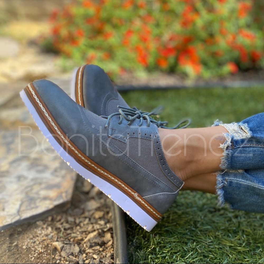 Gray Wing Tip White Sole Oxfords